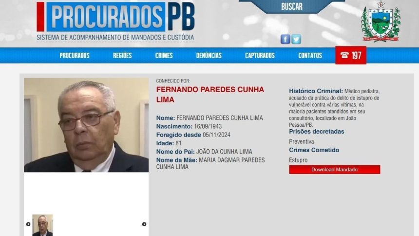 acusado-de-estuprar-criancas,-pediatra-de-81-anos-entra-para-lista-de-procurados-da-paraiba