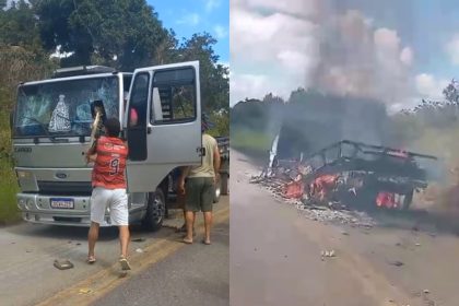 indigenas-voltam-a-bloquear-a-br-101-e-incendeiam-caminhao-em-protesto