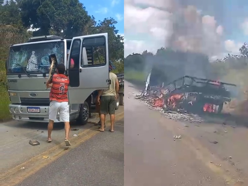 indigenas-voltam-a-bloquear-a-br-101-e-incendeiam-caminhao-em-protesto