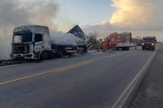 teixeira:-caminhao-carregado-de-carne-pega-fogo-e-fica-totalmente-destruido